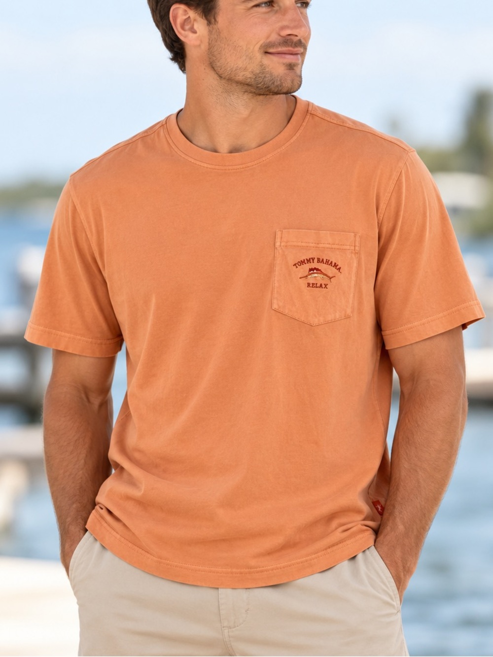 Tommy Bahama Relax Menโs XXL Orange Pima Cotton Pocket T-Shirt Marlin